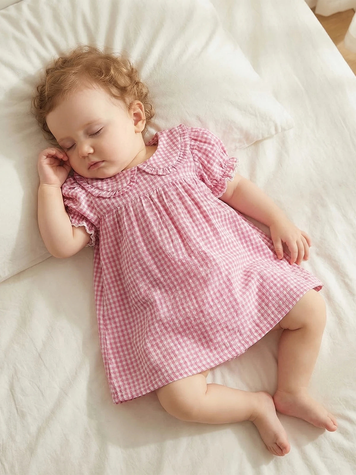A baby girl wearing a pink and white gingham A-line dress with a Peter Pan collar lying down on a white bed.