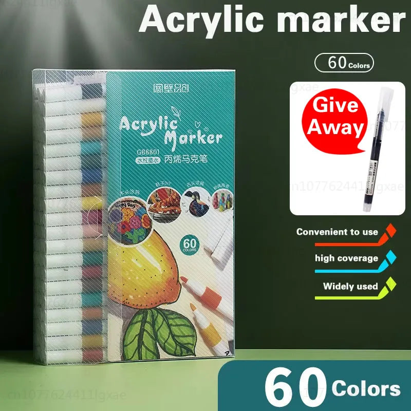 A box of 60 colors of acrylic markers for painting on various surfaces.