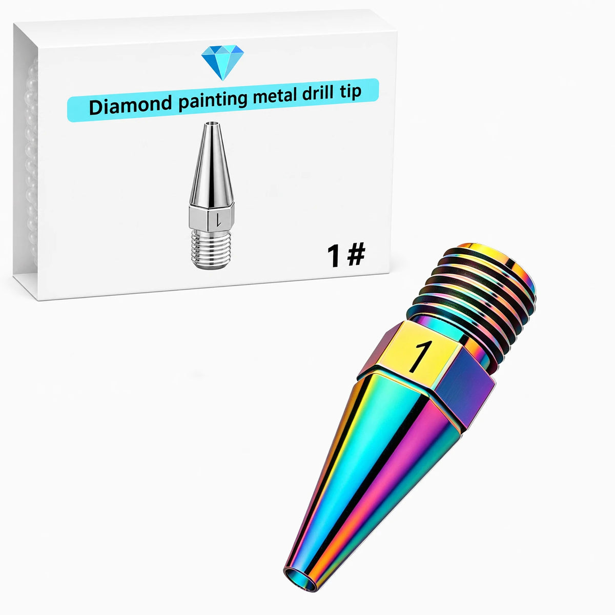 A shiny, iridescent metal drill bit tip is shown next to its packaging for diamond painting.