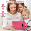 A woman is showing a pink kids tablet to a toddler while features like content filters and time limits are highlighted.
