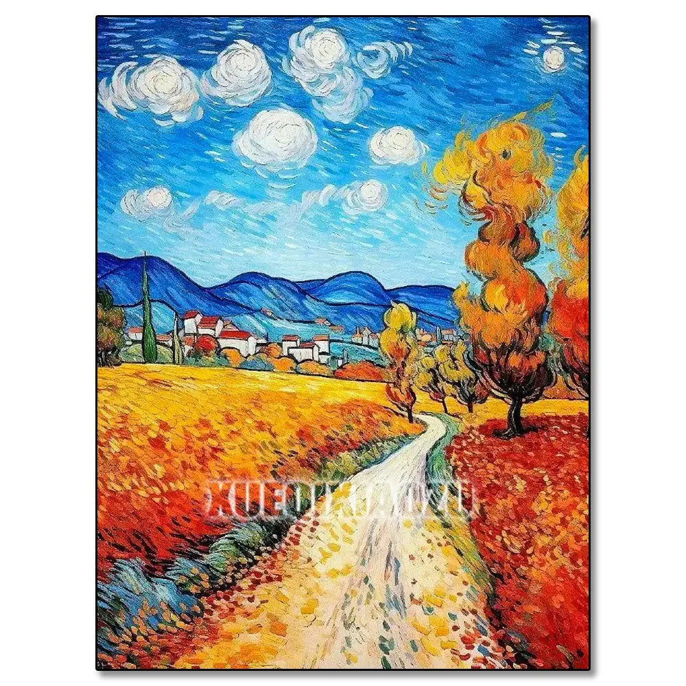 Van Gogh Starry Night diamond art painting kit featuring a vibrant landscape under a blue sky