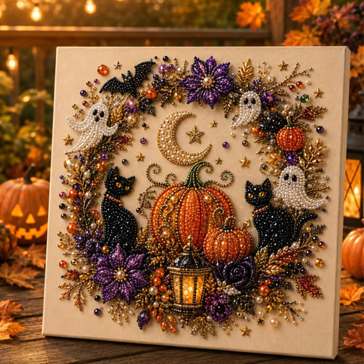 Framed canvas featuring a detailed pearl diamond painting design of Halloween elements like pumpkins and bats.