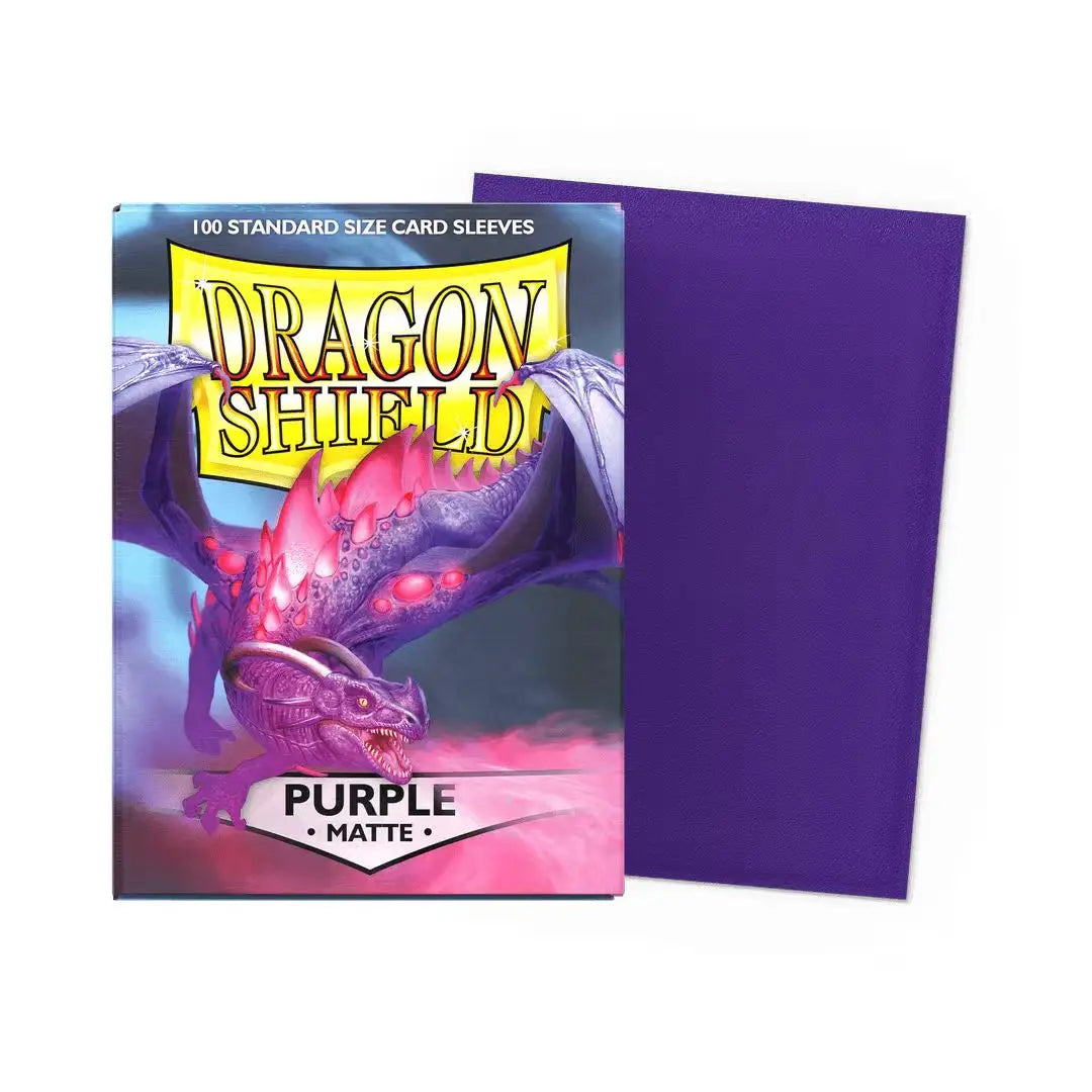 A pack of 100 standard size card sleeves with purple matte card sleeves featuring a dragon design.