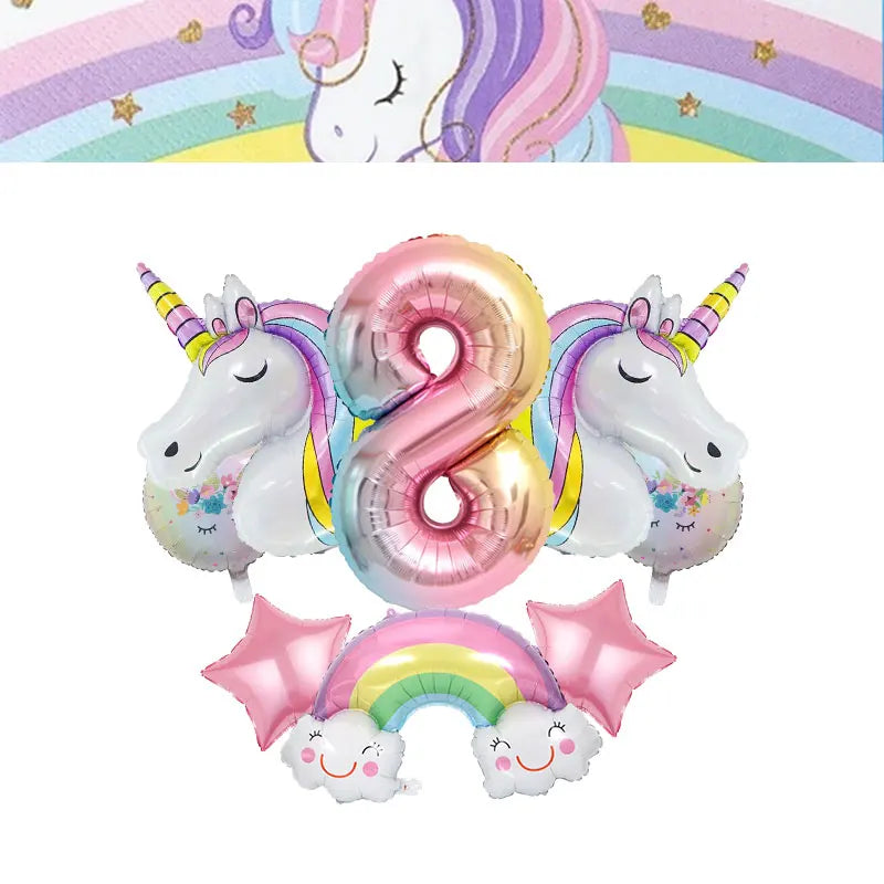 A pink and purple unicorn balloon shaped like the number 8 with a rainbow arch decoration.