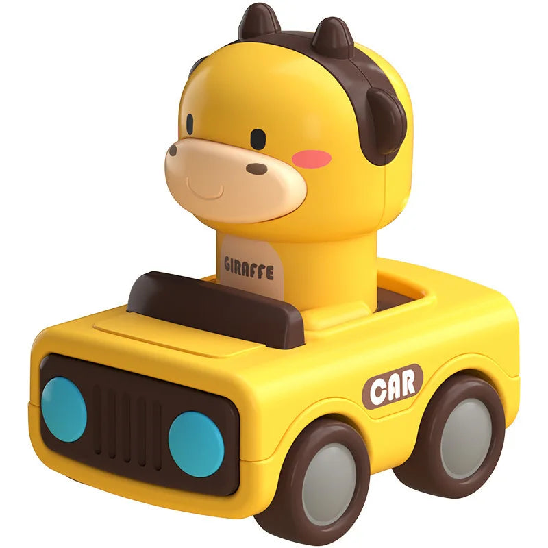 A yellow giraffe shaped push-and-go car toy for toddlers.