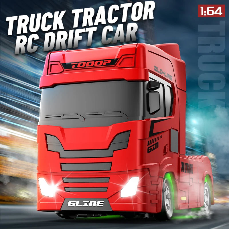 A red 1:64 scale RC truck tractor drift car driving on a road with motion blur.