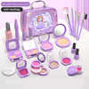 A simulated makeup toy set with a handbag, including various cosmetic items like lipsticks and palettes.