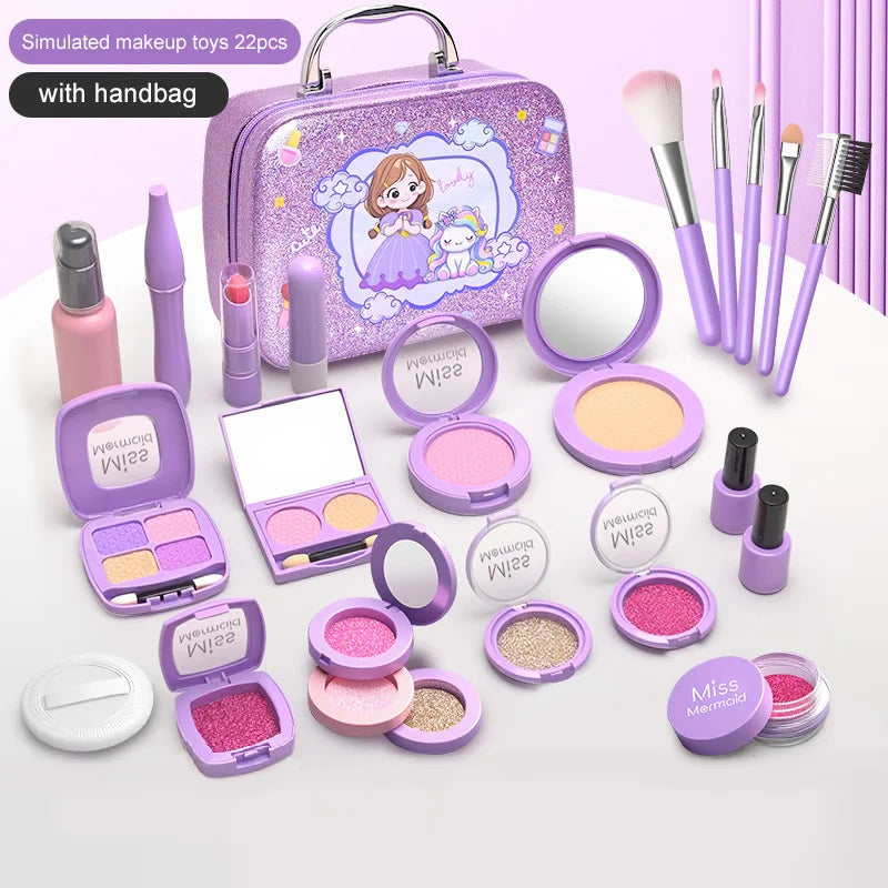 A simulated makeup toy set with a handbag, including various cosmetic items like lipsticks and palettes.