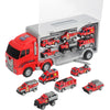 A red die-cast construction truck set featuring a transporter and various vehicles inside a storage box.