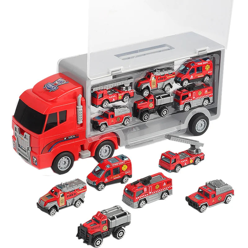 A red die-cast construction truck set featuring a transporter and various vehicles inside a storage box.