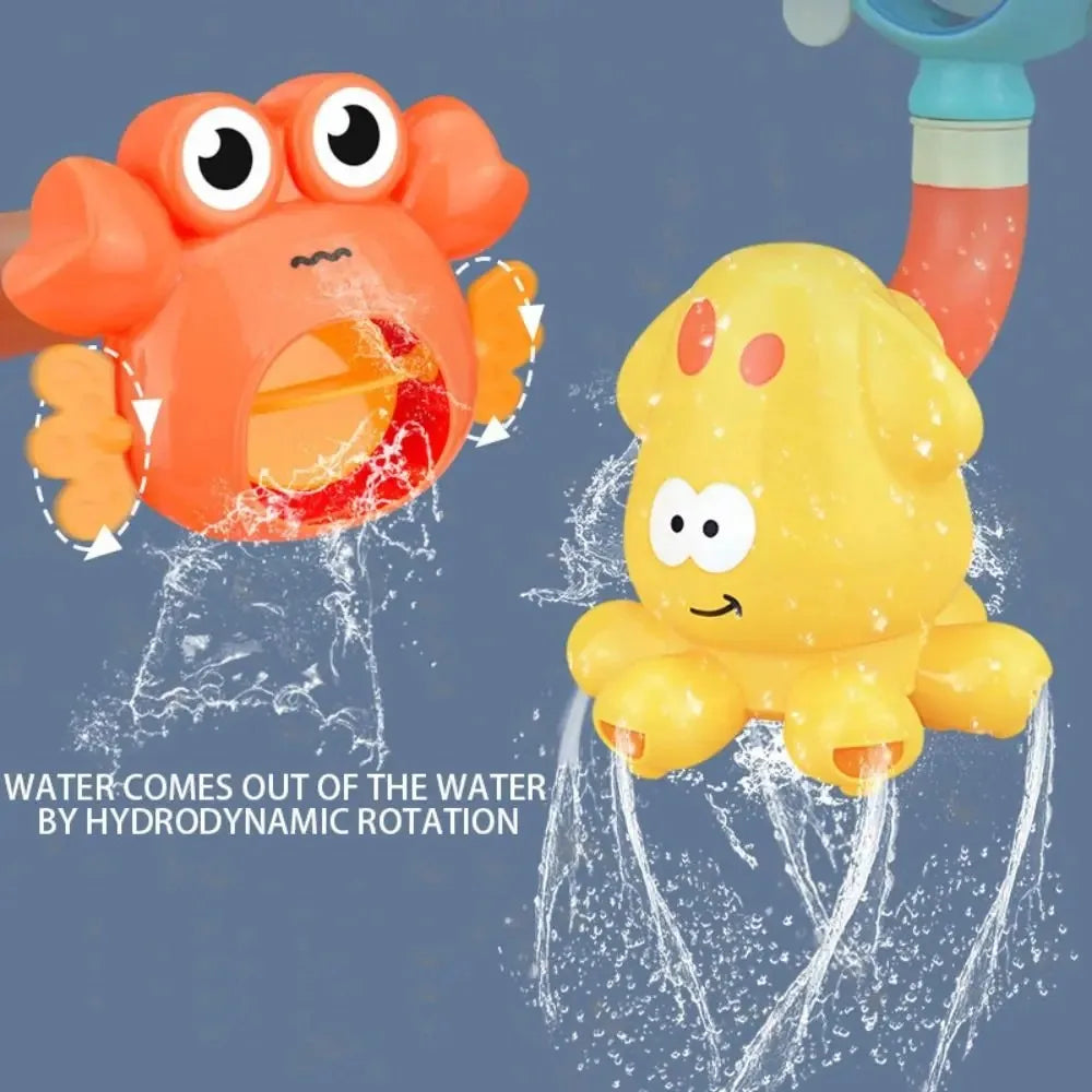 An orange suction cup bath toy featuring a rotating water spinner mechanism and a yellow rubber duck.