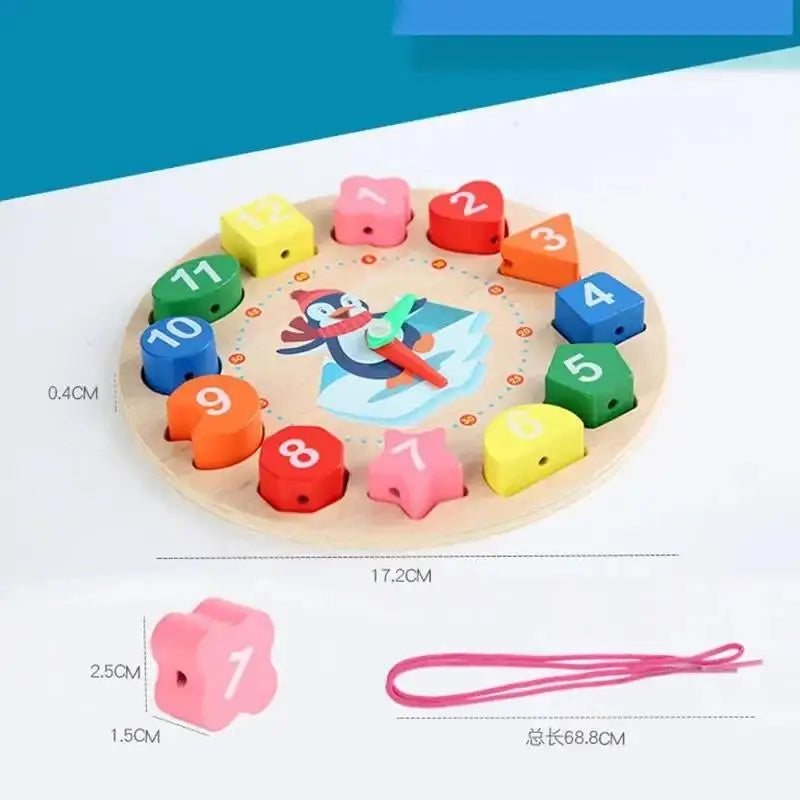 A wooden sorting clock featuring penguin shapes and numbers for early learning.