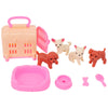 A set of pink and orange mini dollhouse cleaning and medical accessories including a storage box, a brush, a pink bowl, and s