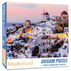 A jigsaw puzzle depicting a panoramic view of white buildings on a hillside overlooking the sea at sunset.