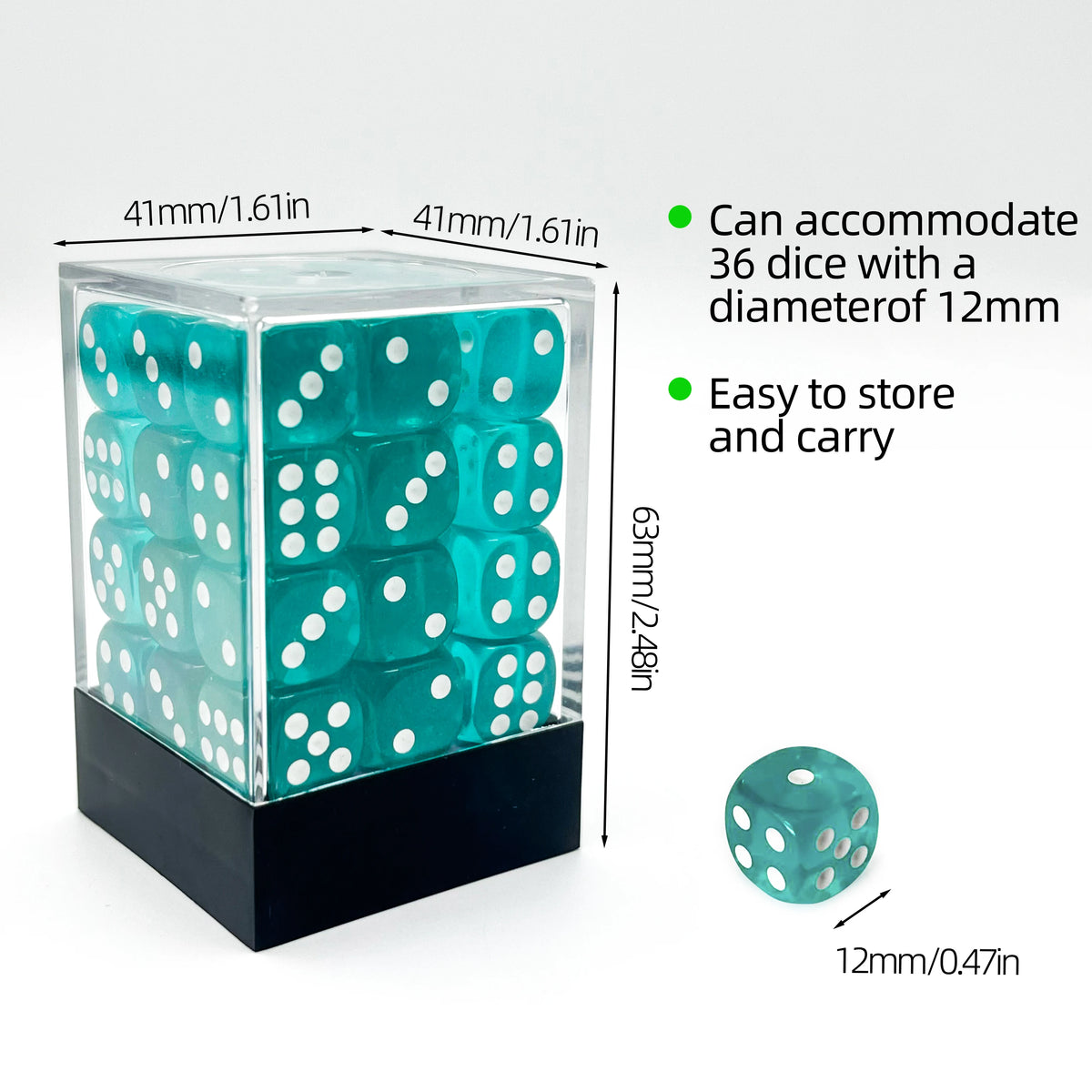 A transparent display case holding a set of teal and white dice, with dimensions marked.
