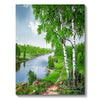 A vibrant forest landscape featuring a river, lush green trees, and bright sunlight.