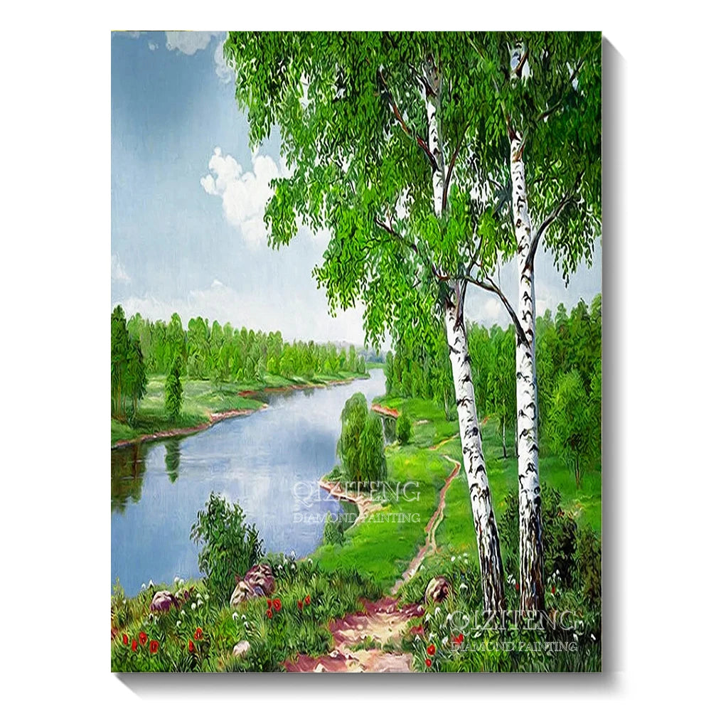 A vibrant forest landscape featuring a river, lush green trees, and bright sunlight.