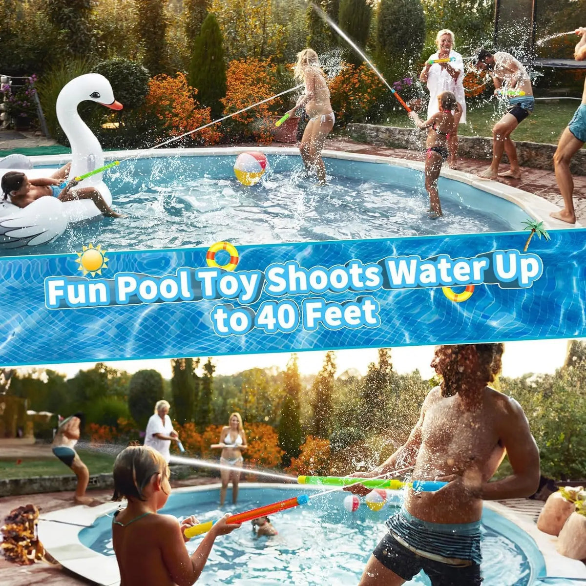 A person is using a long range water blaster toy to shoot water up to 40 feet in a swimming pool.