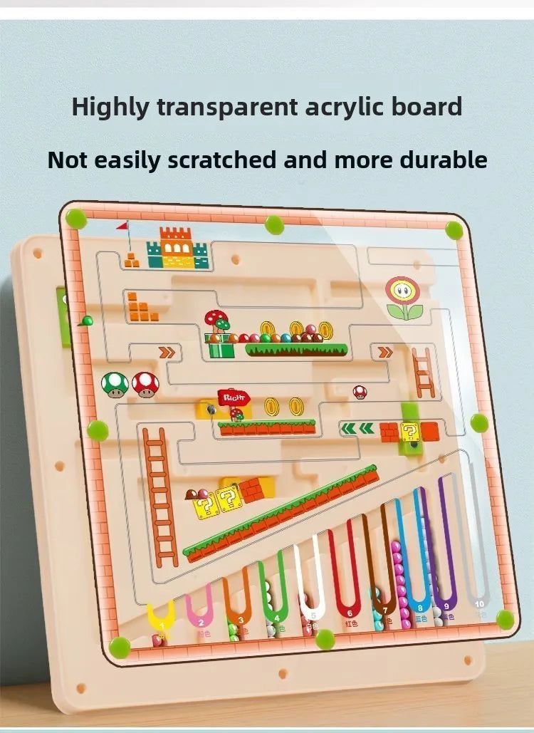 A highly transparent acrylic board showing a maze game for counting and fine motor skills.