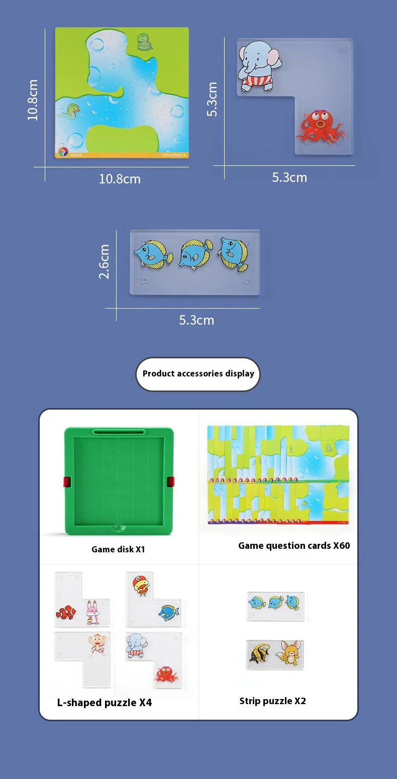 A set of slide puzzles and cards for children including a green slide, animal figures, and puzzle pieces.