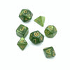 A collection of seven green polyhedral dice, including d6s and d10s, scattered on a white background.