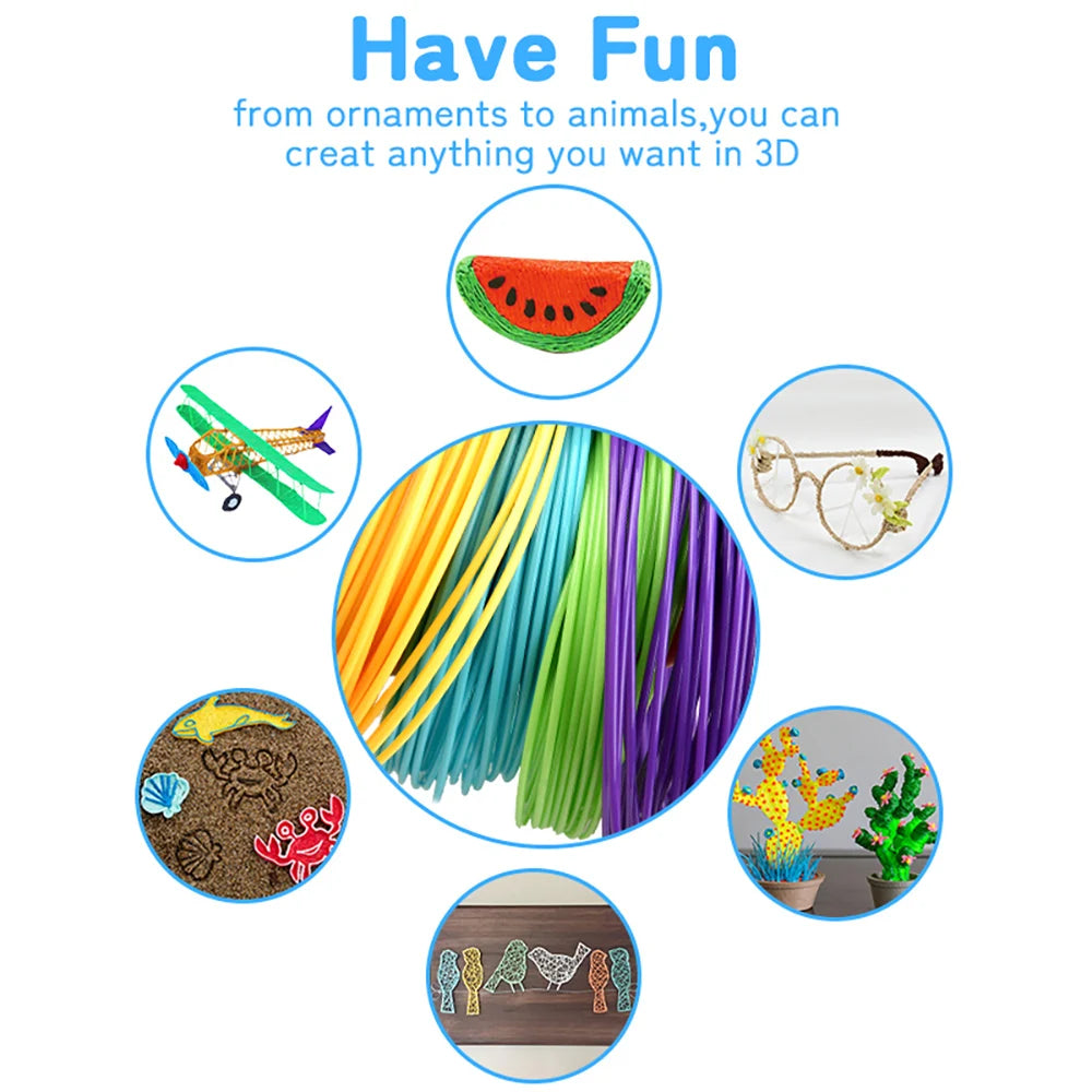 A collection of multi-colored PLA filament pens and 3D printed objects including a watermelon slice, a plane, glasses, and sm