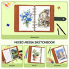 A mixed media sketchbook featuring watercolor, acrylic, pencil, and gouache art supplies.