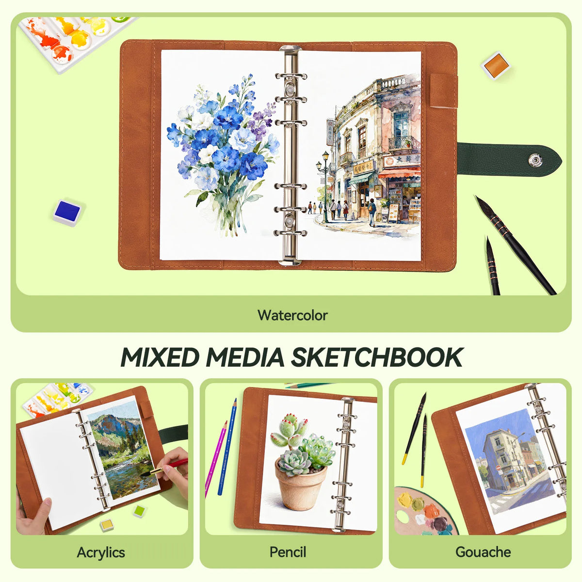 A mixed media sketchbook featuring watercolor, acrylic, pencil, and gouache art supplies.