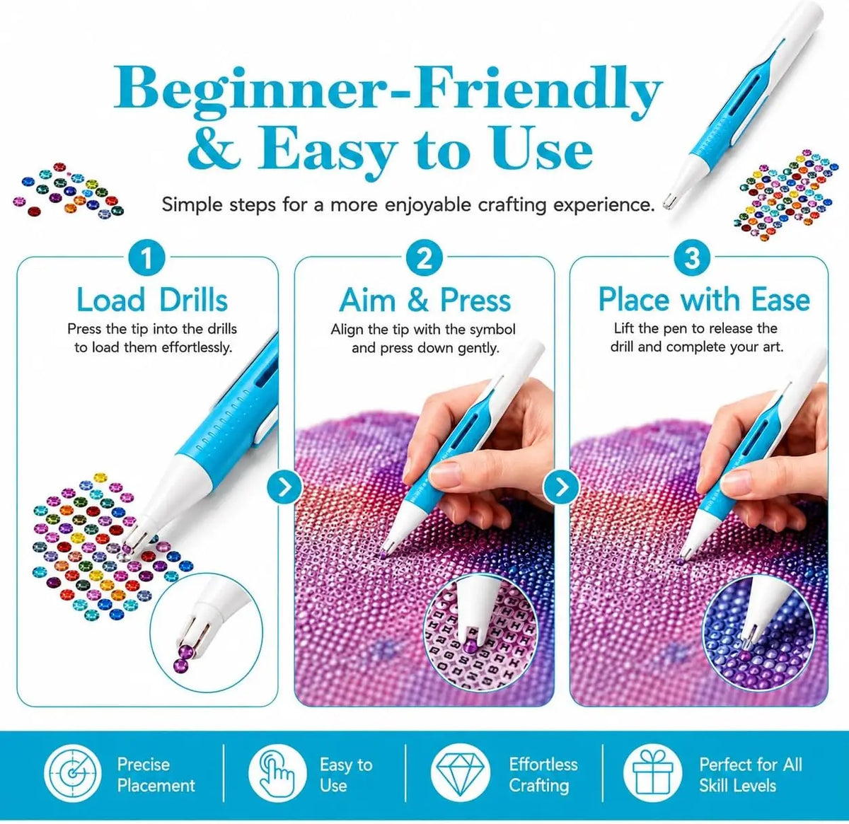 A beginner-friendly diamond painting pen with an automatic bead dispenser shown in steps for easy use.