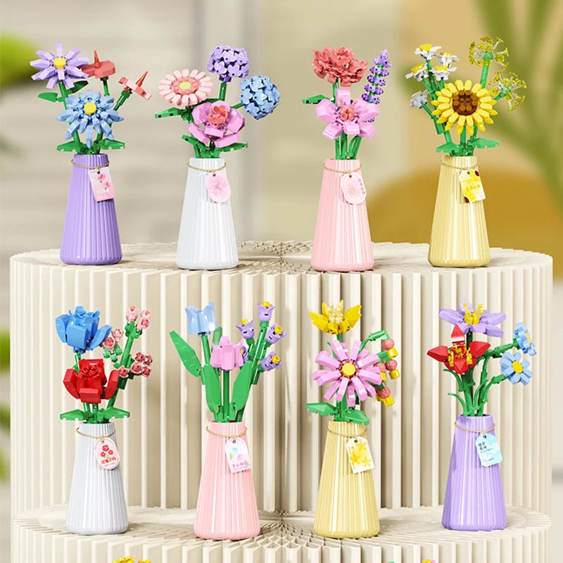 A collection of colorful flower bouquets built from blocks in various vases for home decor.