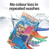 A colorful dinosaur-themed soft cloth book for babies being washed, emphasizing no colour loss.