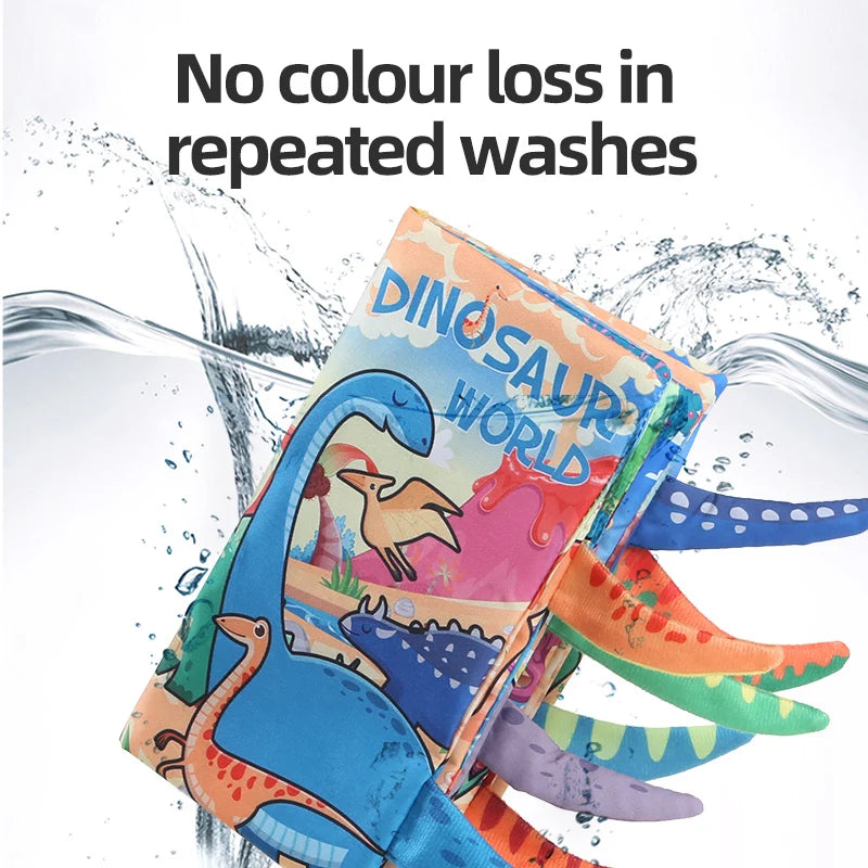 A colorful dinosaur-themed soft cloth book for babies being washed, emphasizing no colour loss.