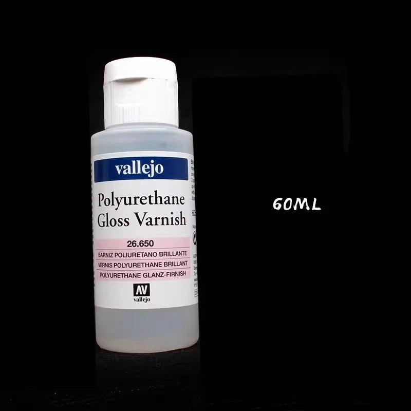 A bottle of Vallejo Polyurethane Gloss Varnish labeled 60ML on a black background.