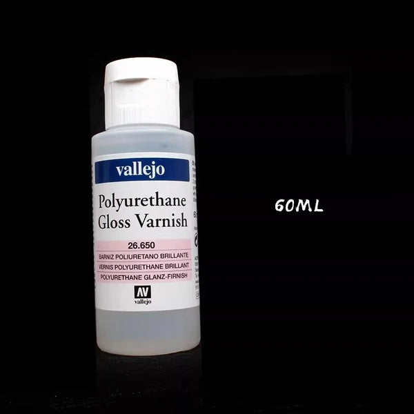 A bottle of Vallejo Polyurethane Gloss Varnish labeled 60ML on a black background.