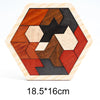 A wooden tangram puzzle set featuring geometric shapes in shades of brown, red, and black.