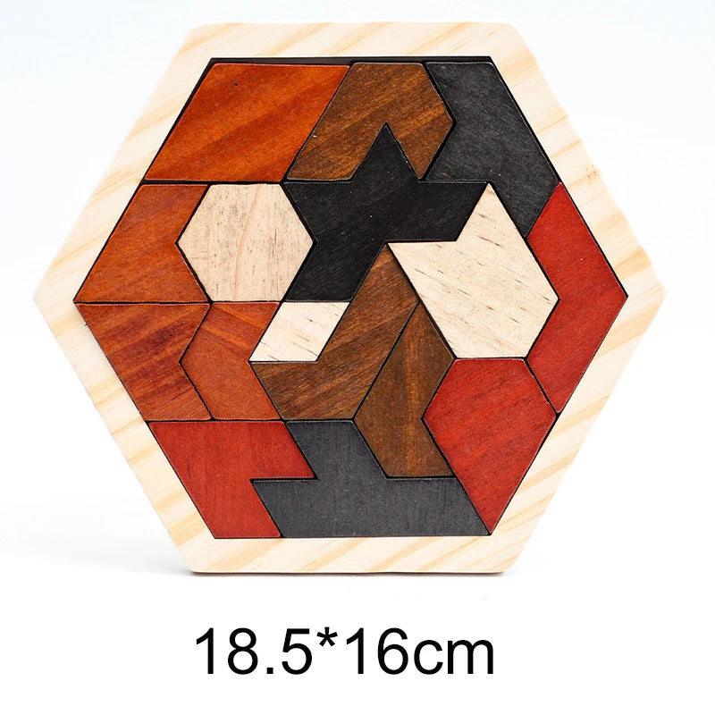 A wooden tangram puzzle set featuring geometric shapes in shades of brown, red, and black.
