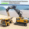 A yellow YIGONG excavator remote control model with a hydraulic arm is shown on a sandy area.