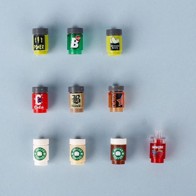 A collection of colorful mini building blocks featuring various food items like pizza, cake, and condiment bricks.
