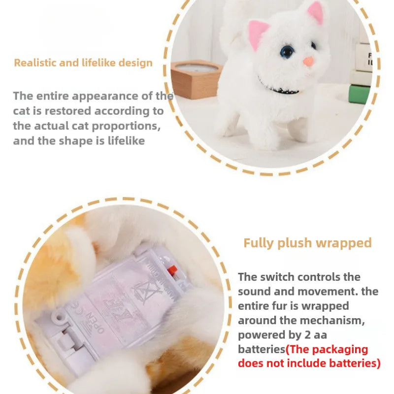 A white plush cat toy is shown with realistic proportions and fully plush wrapped, demonstrating walking and barking motion.