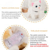 A white plush cat toy is shown with realistic proportions and fully plush wrapped, demonstrating walking and barking motion.