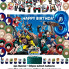 Hero-themed birthday party decoration set featuring a backdrop, balloons, cake topper, and cupcake toppers.