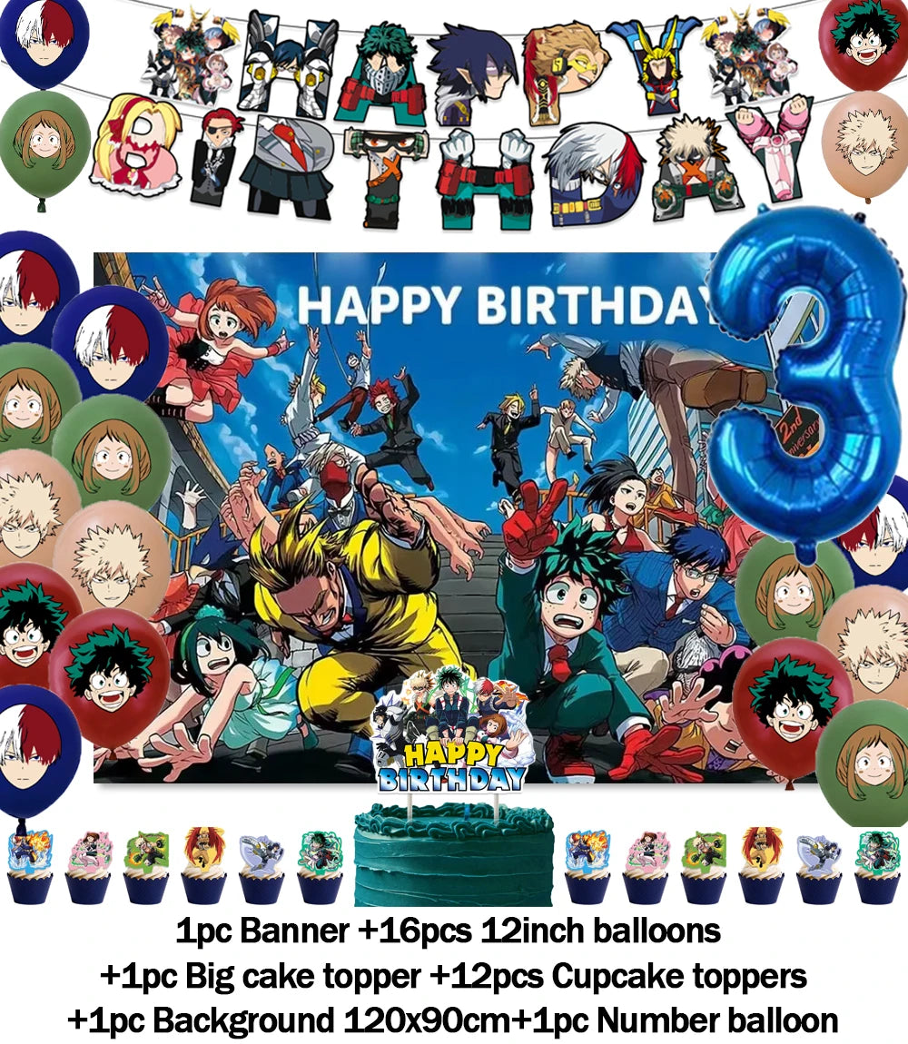 Hero-themed birthday party decoration set featuring a backdrop, balloons, cake topper, and cupcake toppers.