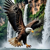 A majestic eagle in flight with outstretched wings against a backdrop of lush green cliffs and cascading waterfalls.