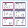 A set of flash cards showing uppercase and lowercase letters A, B, D, C, E, F for tracing practice.
