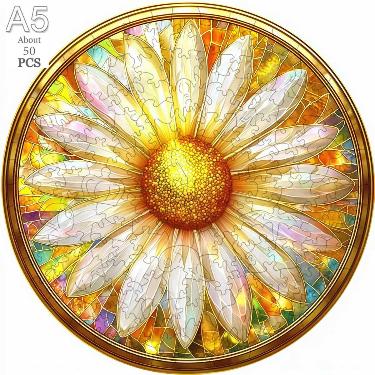 A jigsaw puzzle featuring a detailed, colorful flower design with a golden frame.
