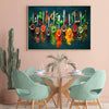 A framed painting featuring a vibrant, colorful arrangement of various natural elements and objects.