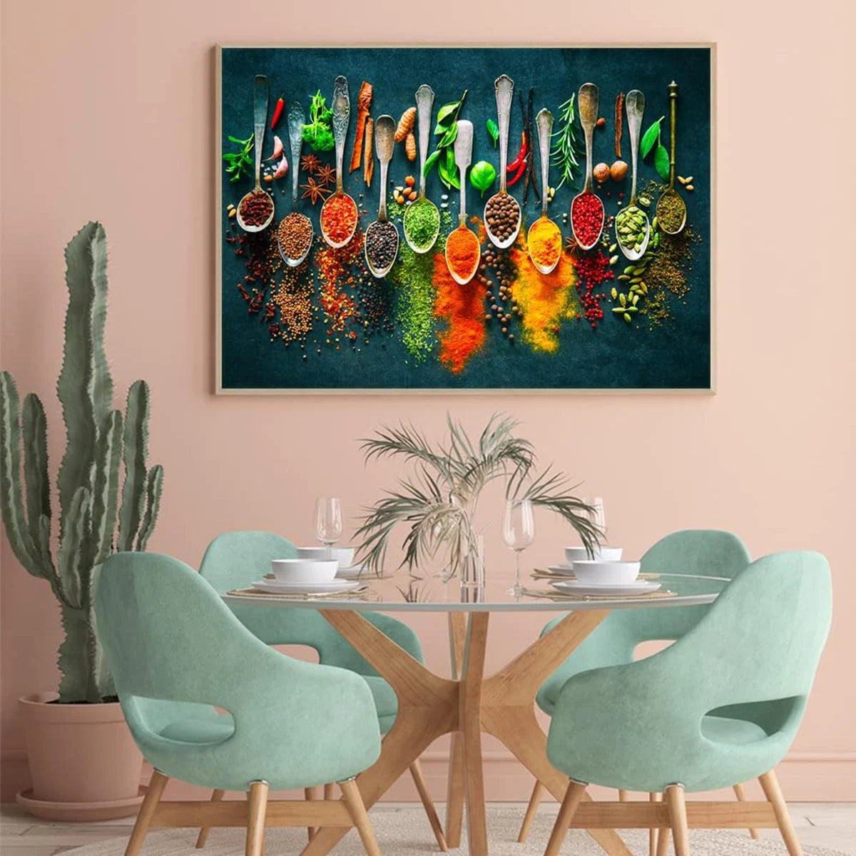 A framed painting featuring a vibrant, colorful arrangement of various natural elements and objects.