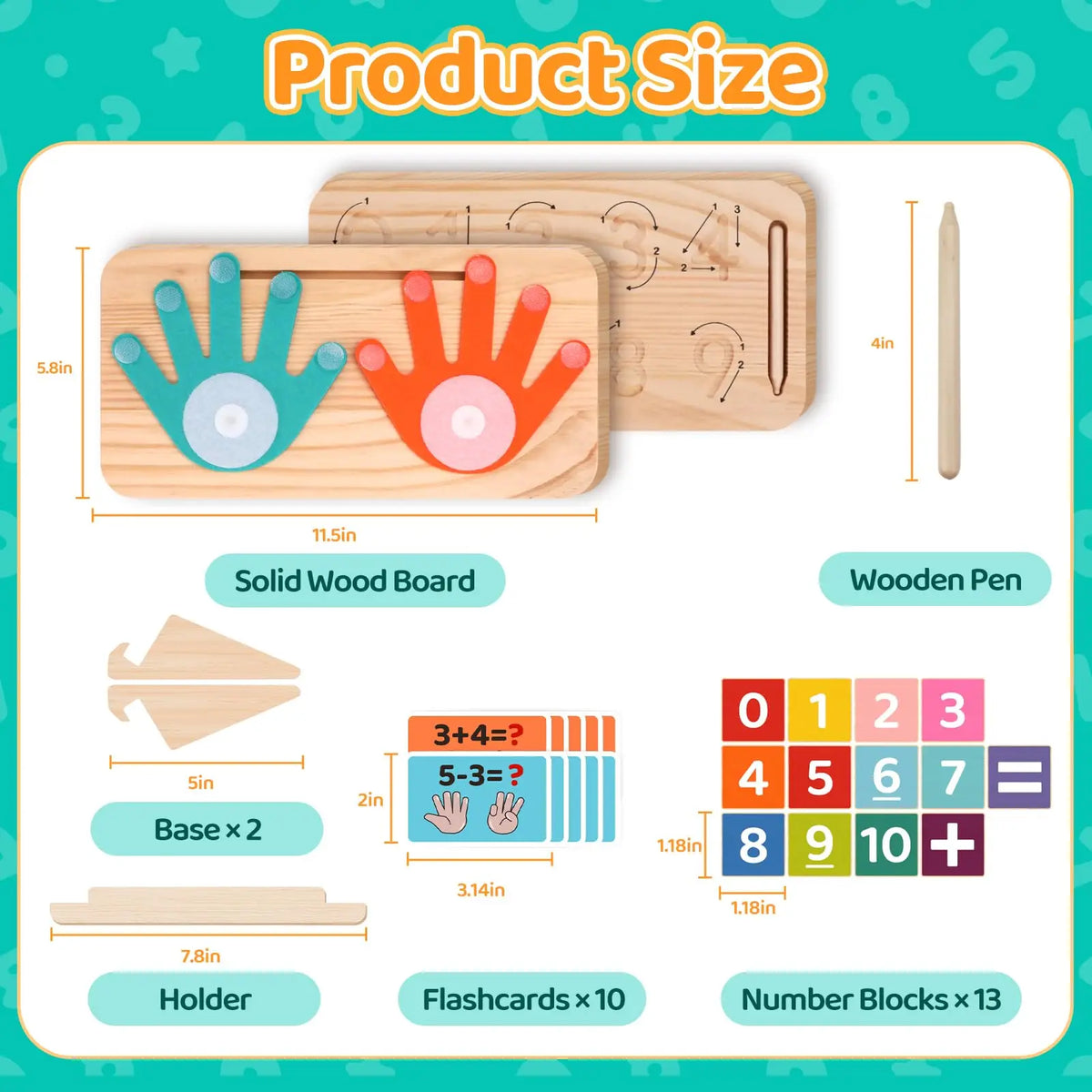 A set of Montessori wooden finger counting math toys including a solid wood board, wooden pens, and number blocks.