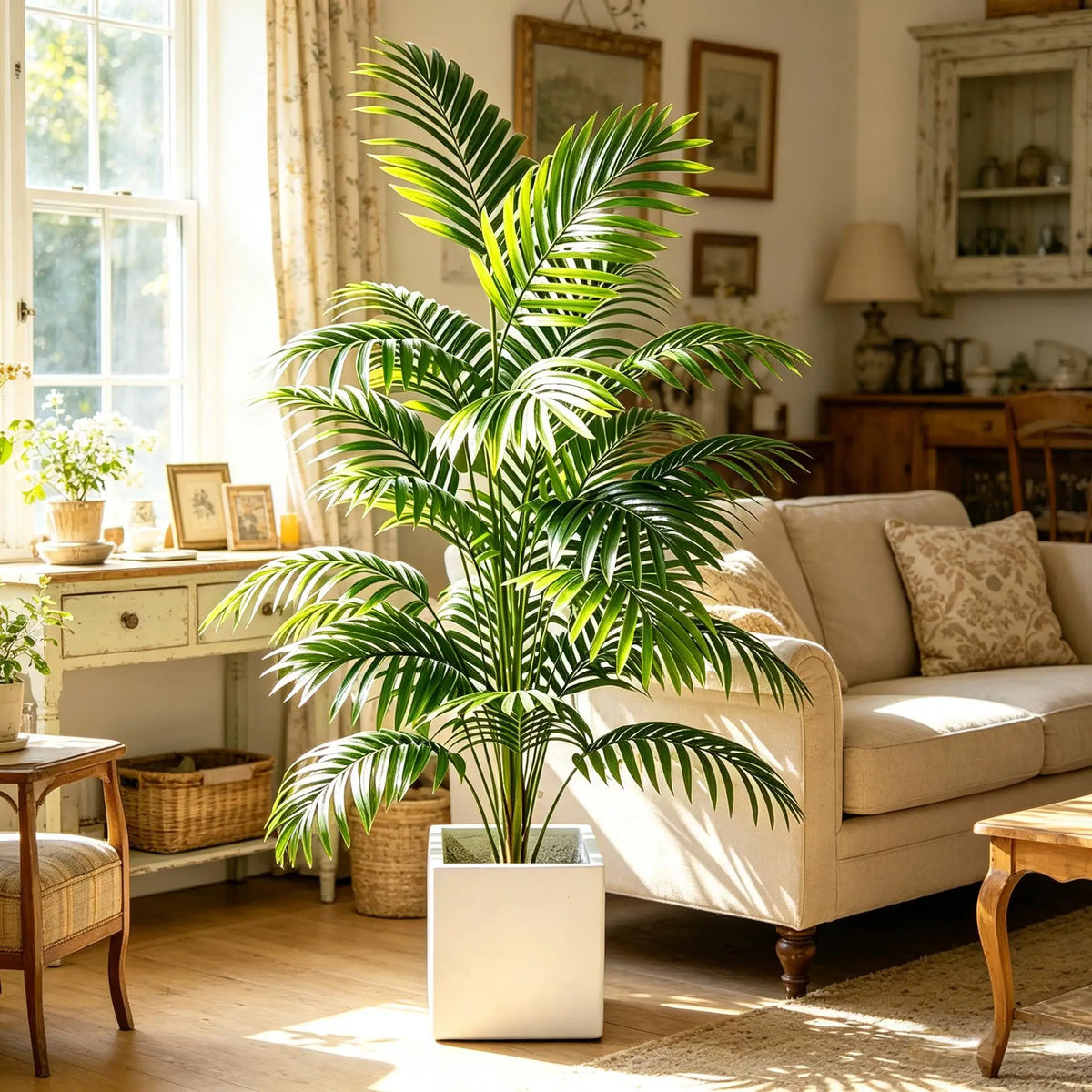 An artificial areca palm plant in a white square pot sits on a wooden floor next to a sofa.