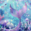 A vibrant underwater scene featuring a mermaid with a purple tail surrounded by glowing bubbles and marine life.